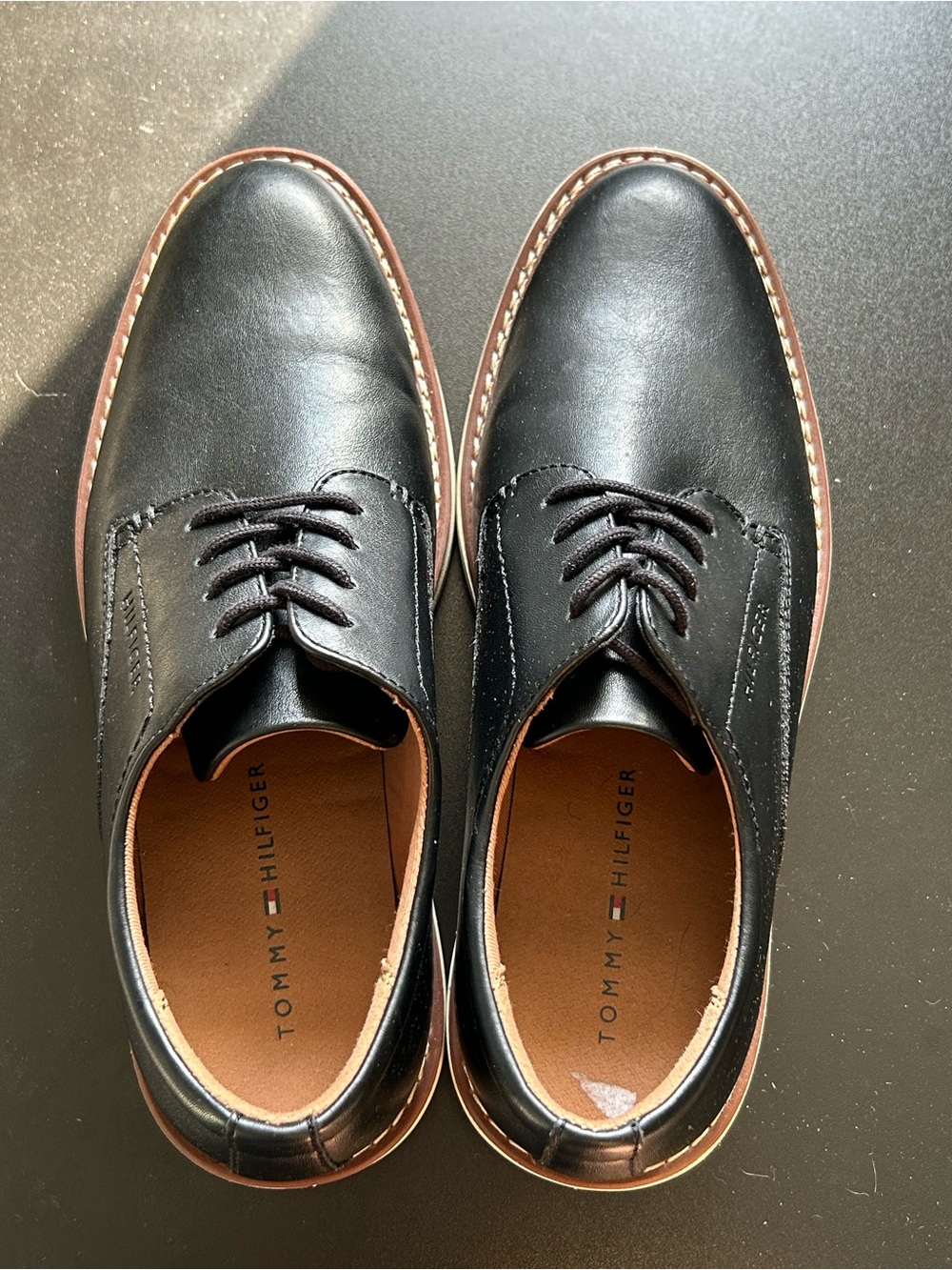 Tommy Hilfiger Black Leather Derby Oxfords with Brown Trim